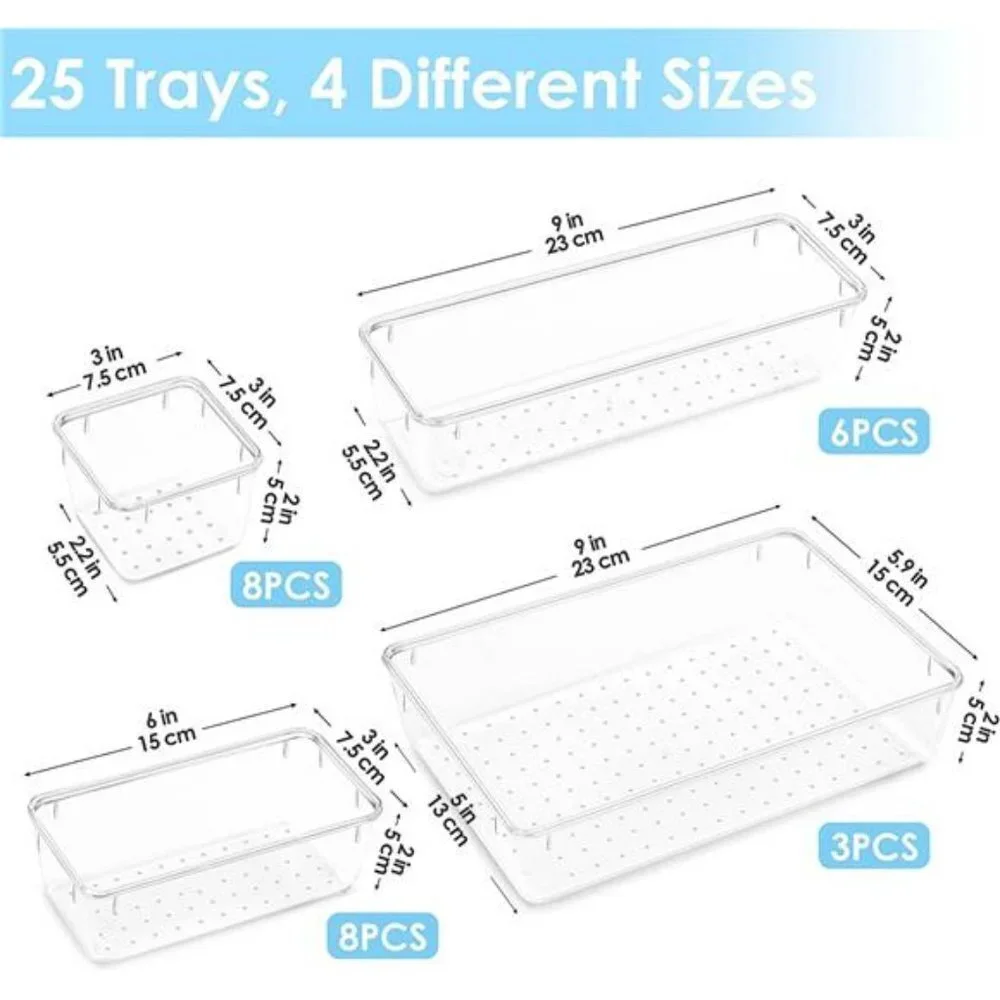 25 PCS Clear Plastic Drawer Organizers Set,  4-Size Versatile Bathroom